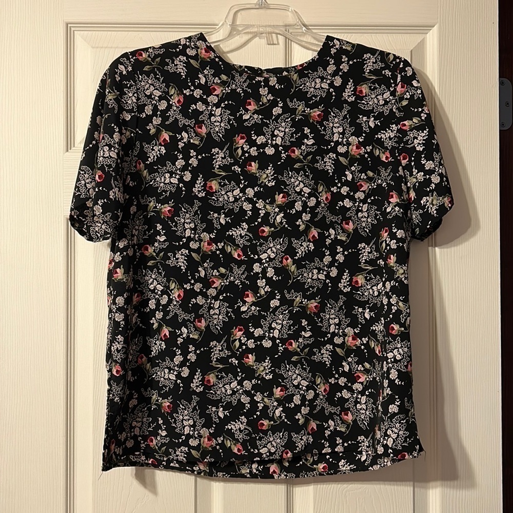Vintage Maggie Sweet Black Tan Rose Print Blouse Large